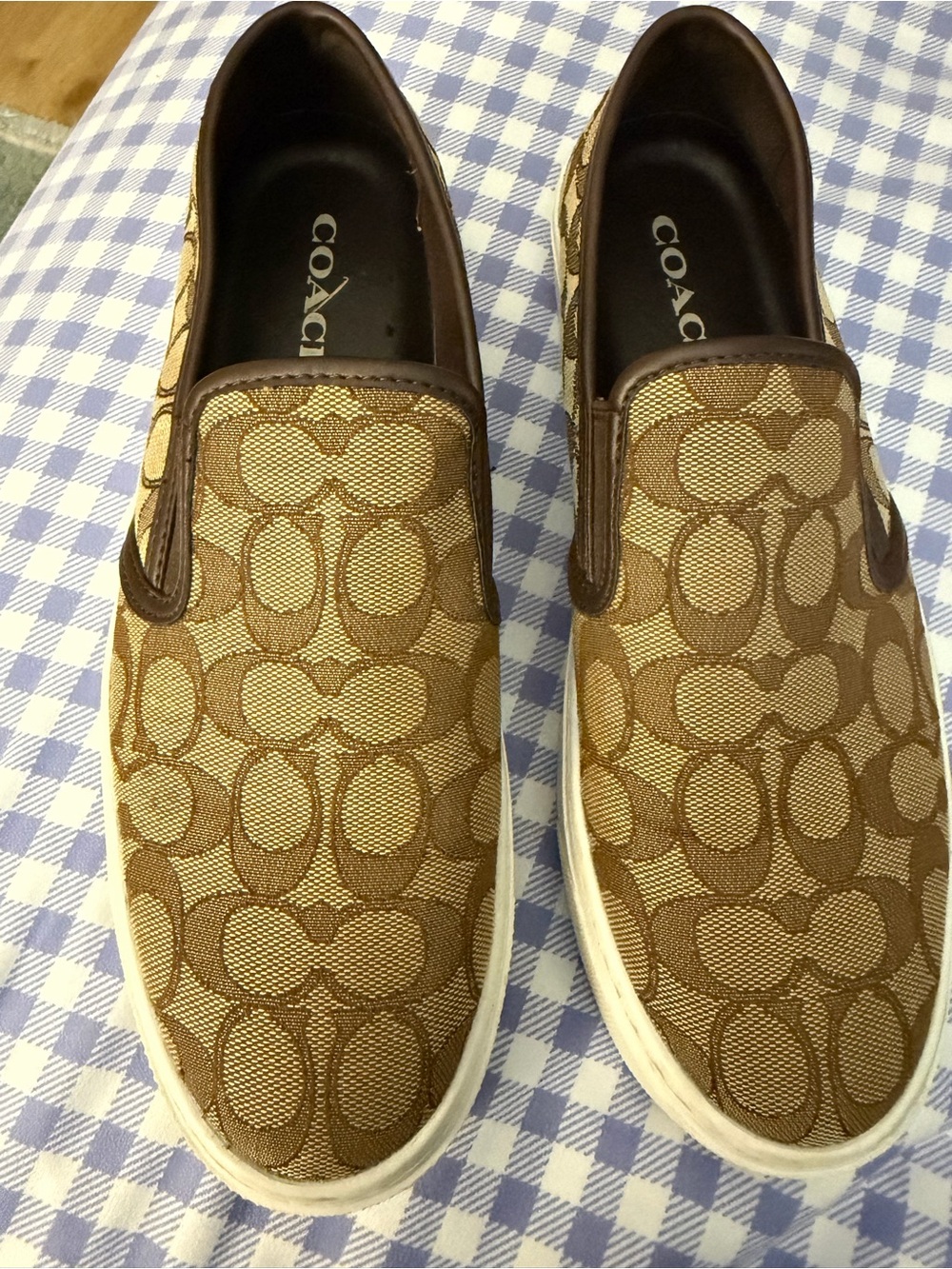 Coach Cameron Signature C Slip On Sneakers Size 10B Khaki Brown Logo Canvas